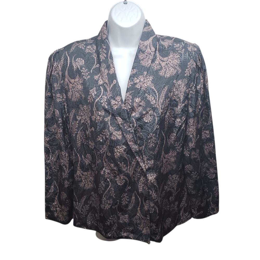Vintage Southern Lady Floral Paisley Blouse Blue Gray Sz 14 Shoulder Pads 80s